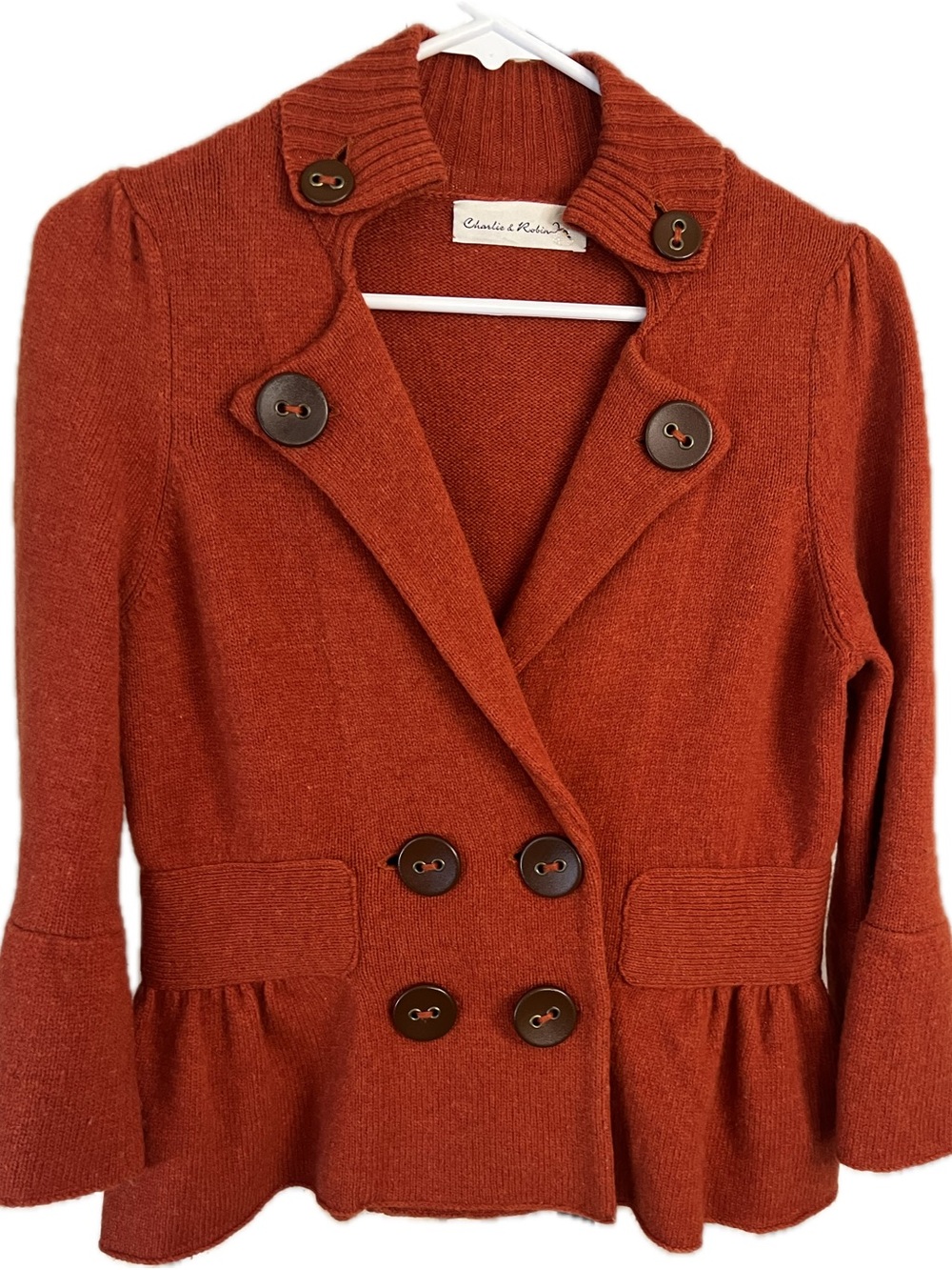 Charlie  & Robin Wool  Rust Double-Breasted Peplum Knit Sweater Blazer